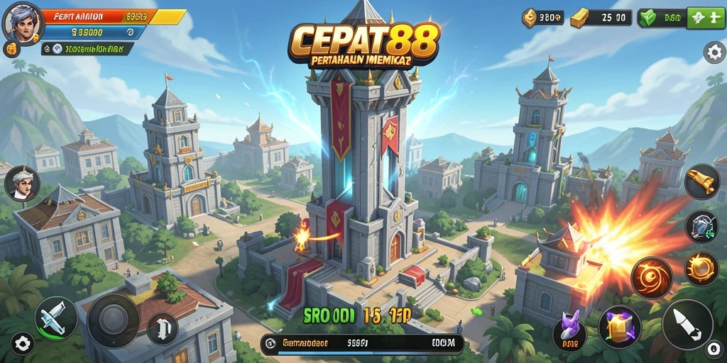 Screenshot gameplay menunjukkan pertempuran menara pertahanan yang seru.