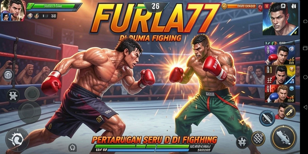 Screenshot utama FURLA77 menampilkan pertarungan seru dengan karakter yang mengesankan.