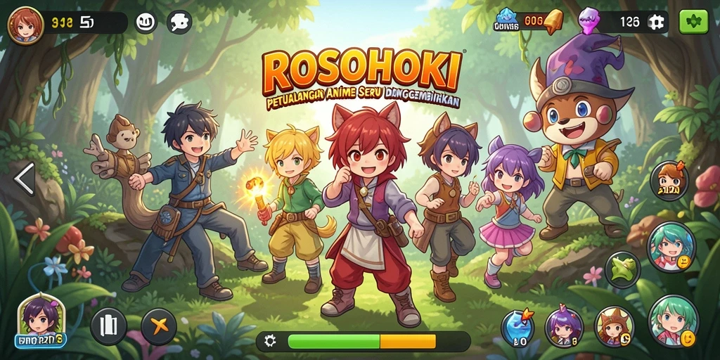 Screenshot gameplay dari ROSOHOKI yang menampilkan aksi seru dan karakter anime.
