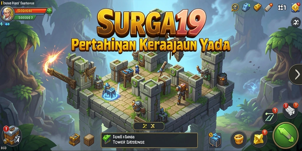 Tangkapan layar gameplay SURGA19 dengan aksi menara yang intens.